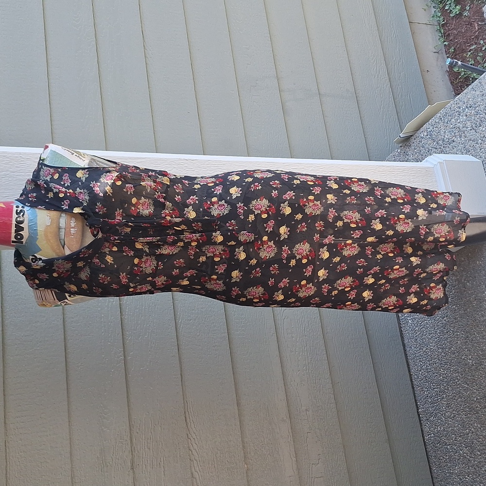 Johnny Was Silk Dark floral bow 90s style dress Retro Lightweight Size M